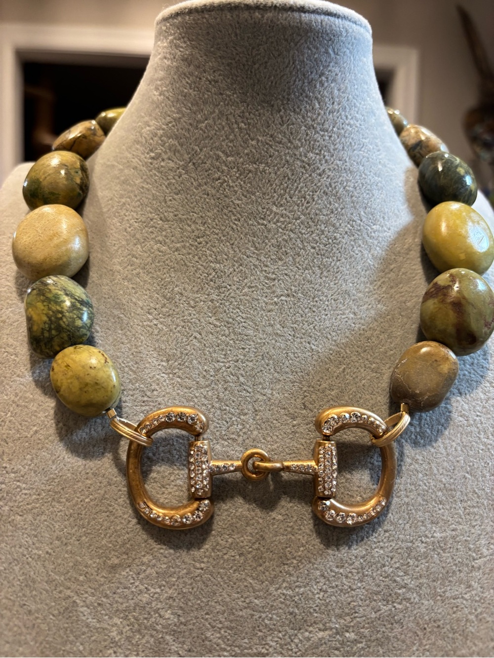Handmade Gold and Olive Green Beaded Statement horse bit necklace!
